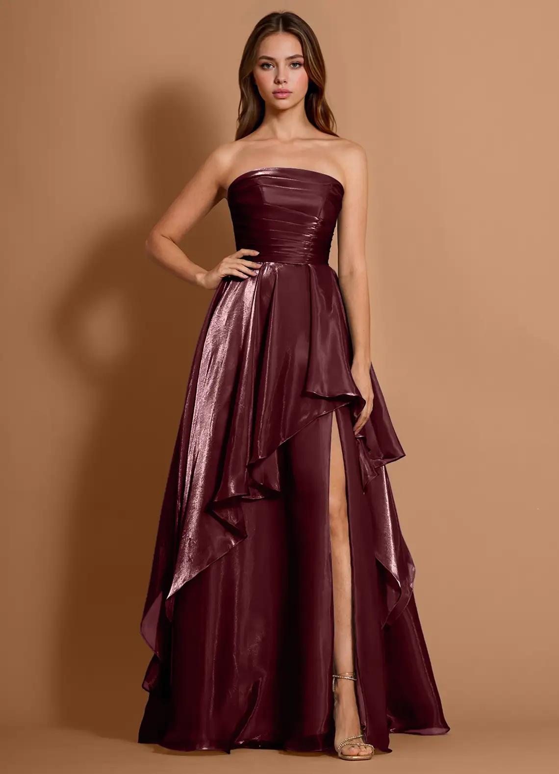Glamorous Metallic Satin Convertible Strapless Ruched Bodice Ruffled High Slit Lace-Up Back Prom Dress