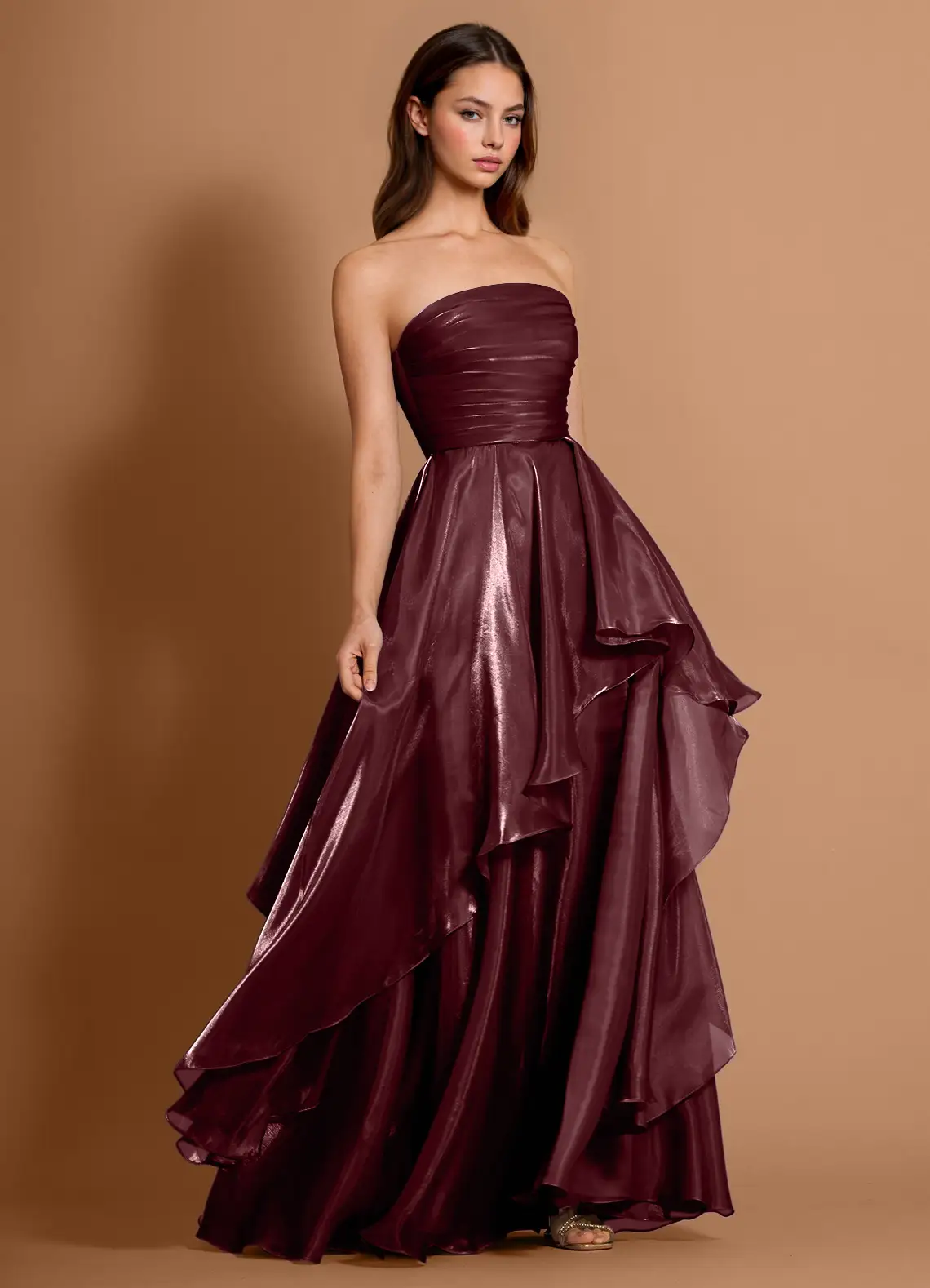 Glamorous Metallic Satin Convertible Strapless Ruched Bodice Ruffled High Slit Lace-Up Back Prom Dress