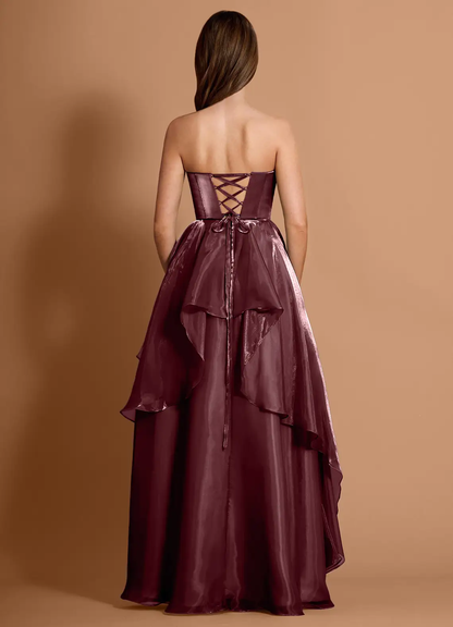 Glamorous Metallic Satin Convertible Strapless Ruched Bodice Ruffled High Slit Lace-Up Back Prom Dress