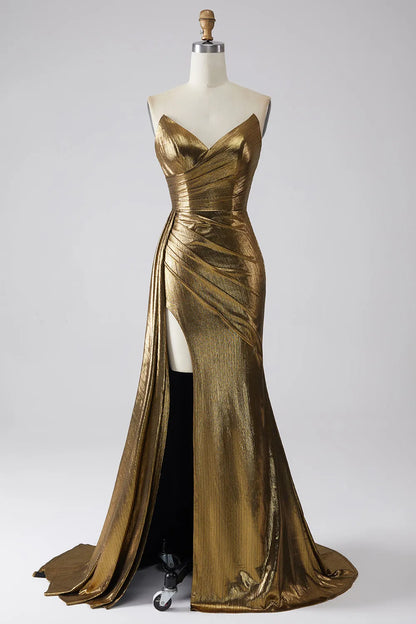 Glamorous Metallic Satin Mermaid Strapless Ruched Detail Sleeveless Zipper Back Floor-Length Formal Evening Dresses