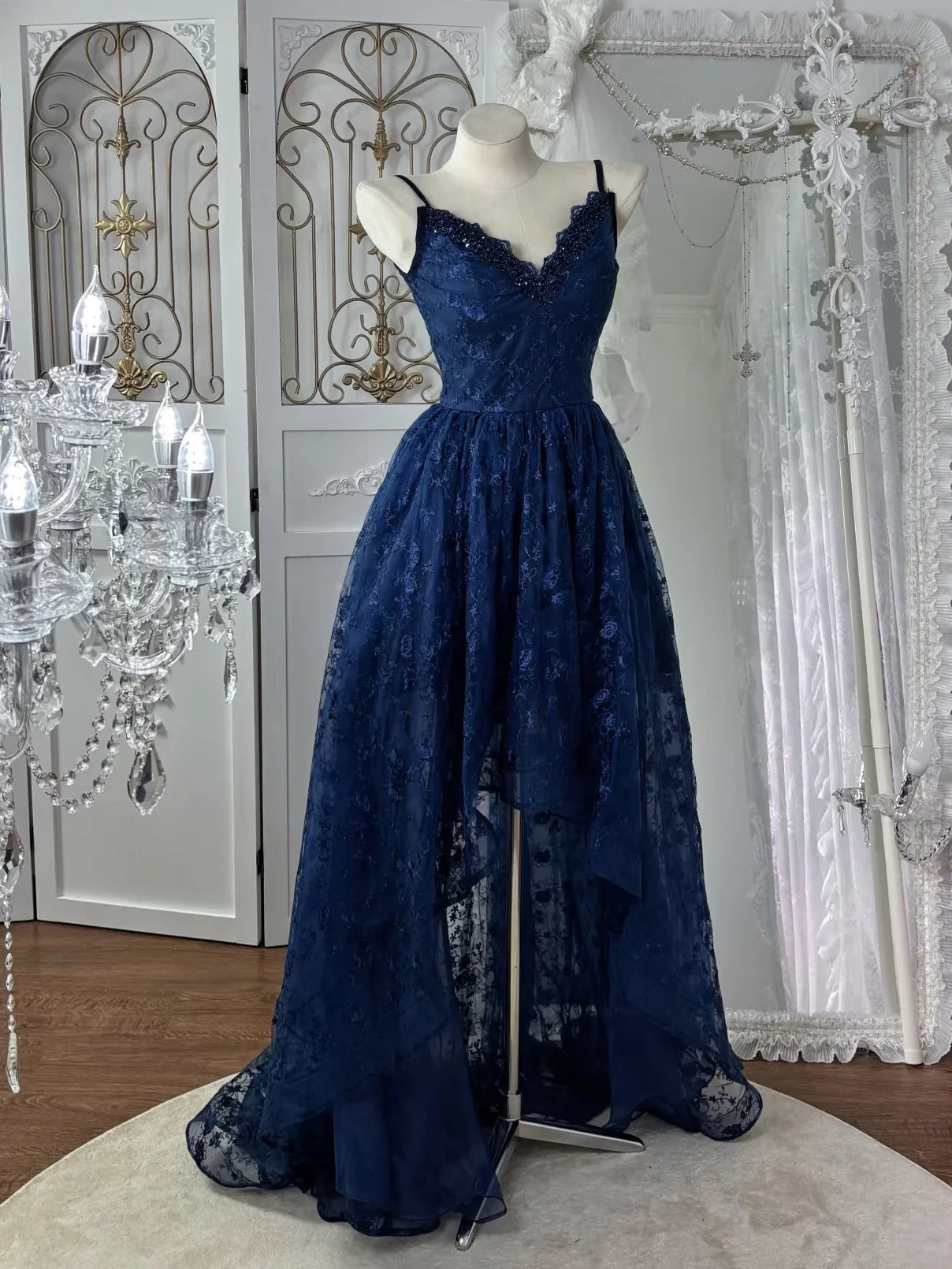 Glamorous Navy Blue Lace High-Low V-Neck Spaghetti Strap Open Back Prom Dresses