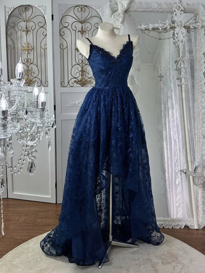 Glamorous Navy Blue Lace High-Low V-Neck Spaghetti Strap Open Back Prom Dresses