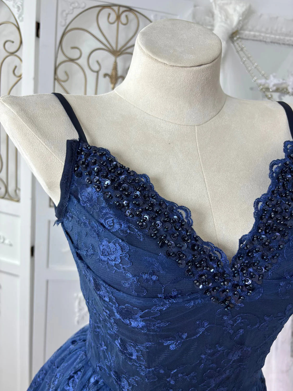 Glamorous Navy Blue Lace High-Low V-Neck Spaghetti Strap Open Back Prom Dresses
