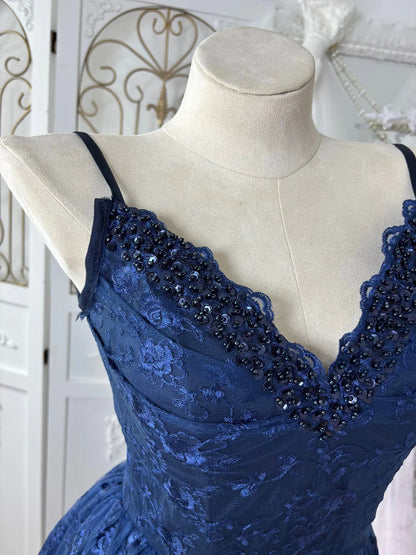 Glamorous Navy Blue Lace High-Low V-Neck Spaghetti Strap Open Back Prom Dresses
