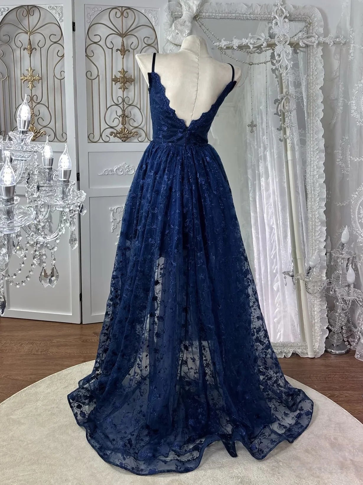 Glamorous Navy Blue Lace High-Low V-Neck Spaghetti Strap Open Back Prom Dresses