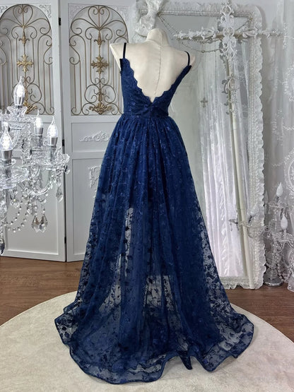 Glamorous Navy Blue Lace High-Low V-Neck Spaghetti Strap Open Back Prom Dresses