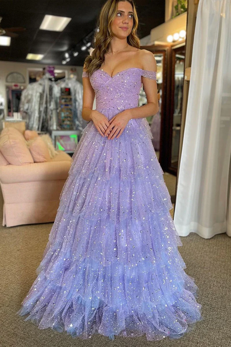 Glamorous Off-the-Shoulder Tiered Tulle Prom Dress with Sequin Beading and Ruffled Skirt