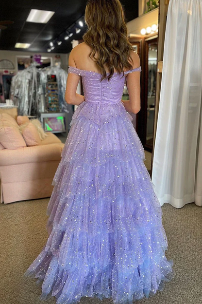 Glamorous Off-the-Shoulder Tiered Tulle Prom Dress with Sequin Beading and Ruffled Skirt