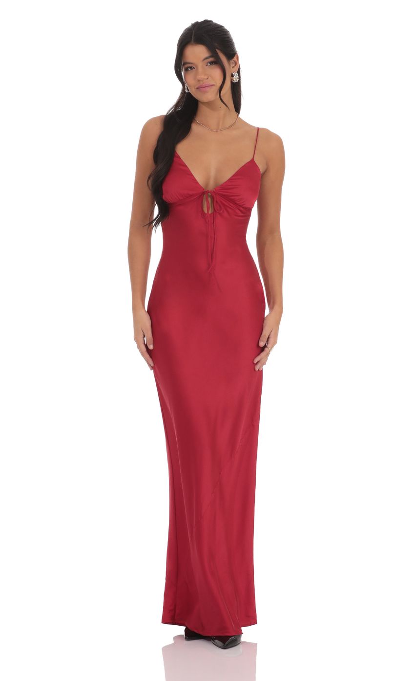 Glamorous Plunging V-Neck Ruby Red Satin Evening Dress with Front Cutout & Self-Tie Open Back