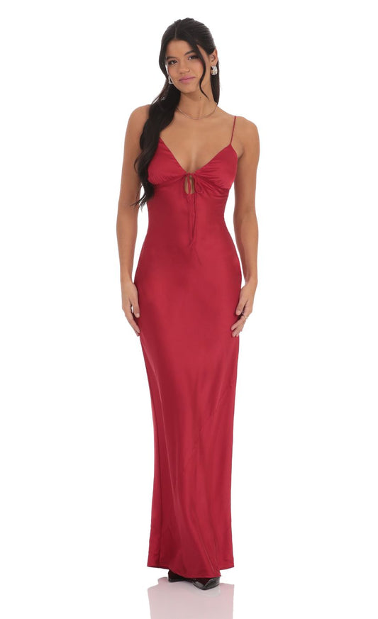 Glamorous Plunging V-Neck Ruby Red Satin Evening Dress with Front Cutout & Self-Tie Open Back
