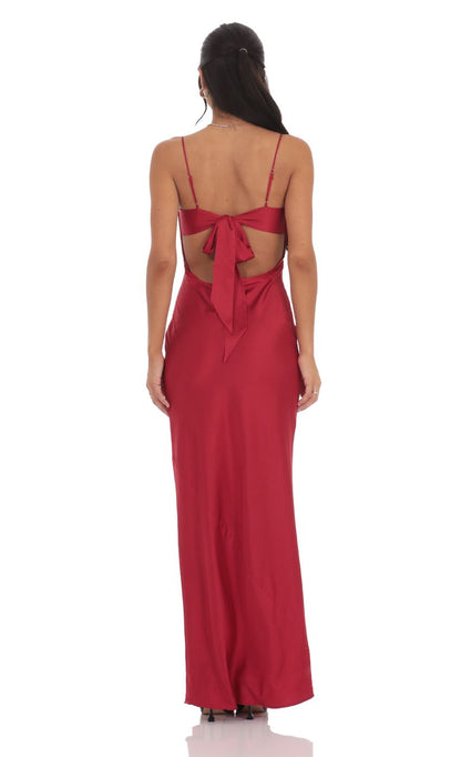 Glamorous Plunging V-Neck Ruby Red Satin Evening Dress with Front Cutout & Self-Tie Open Back