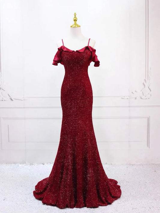 Glamorous Red Glitter Mermaid Cold Shoulder Ruffle Back Zip Floor-Length Prom Dress