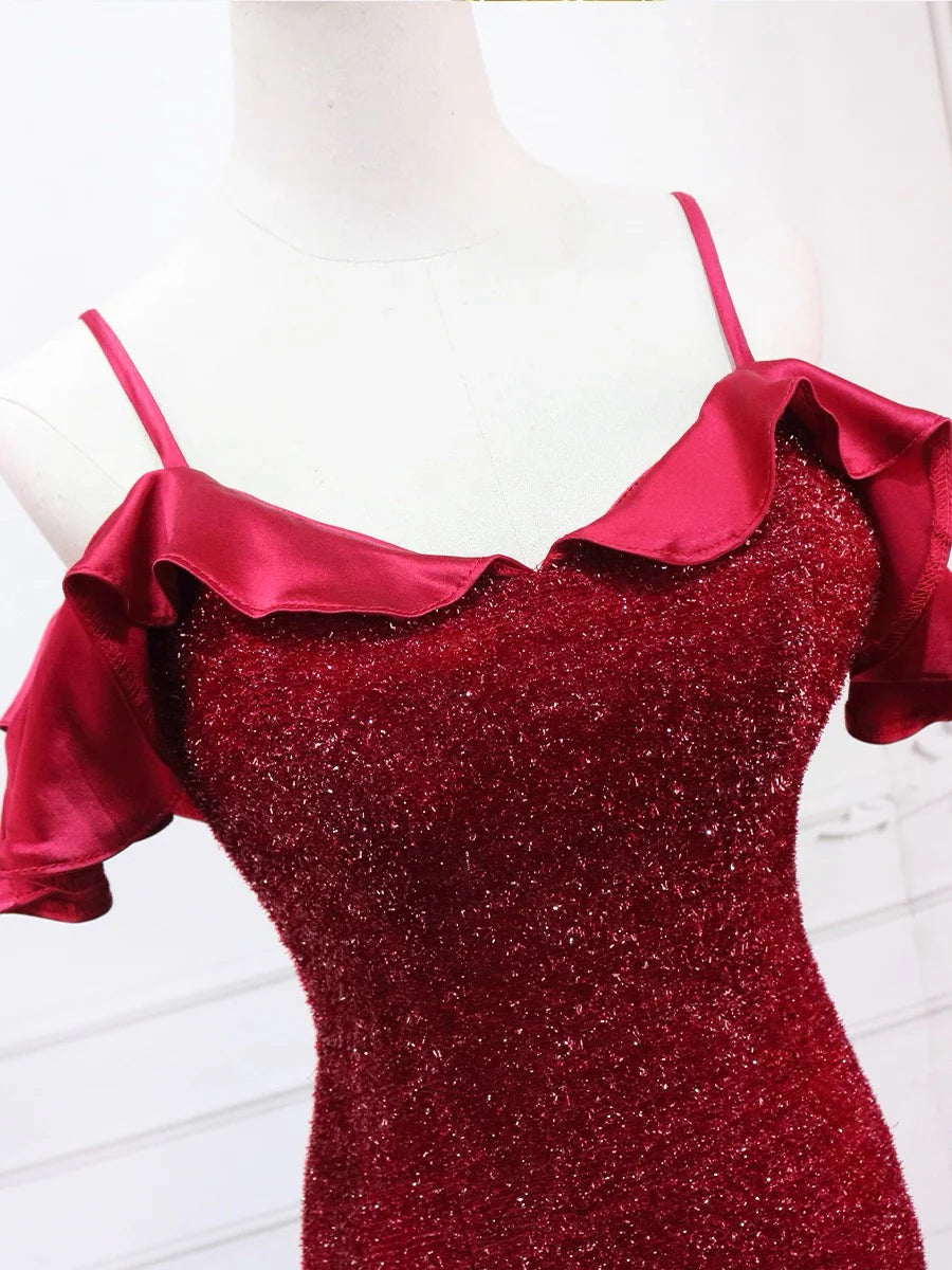Glamorous Red Glitter Mermaid Cold Shoulder Ruffle Back Zip Floor-Length Prom Dress