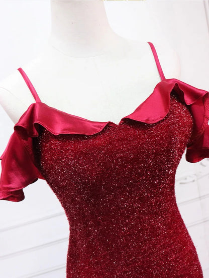 Glamorous Red Glitter Mermaid Cold Shoulder Ruffle Back Zip Floor-Length Prom Dress