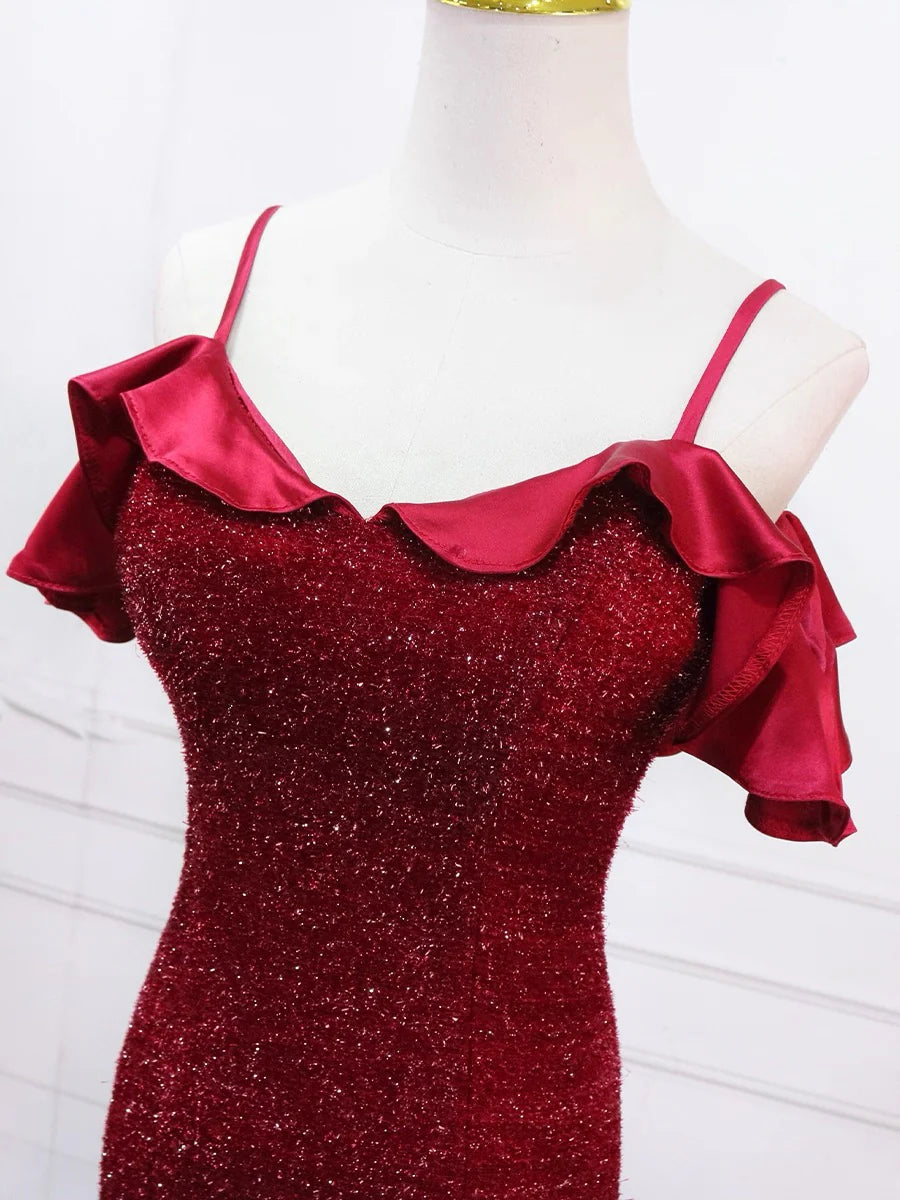 Glamorous Red Glitter Mermaid Cold Shoulder Ruffle Back Zip Floor-Length Prom Dress