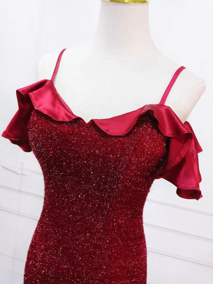 Glamorous Red Glitter Mermaid Cold Shoulder Ruffle Back Zip Floor-Length Prom Dress
