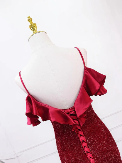 Glamorous Red Glitter Mermaid Cold Shoulder Ruffle Back Zip Floor-Length Prom Dress