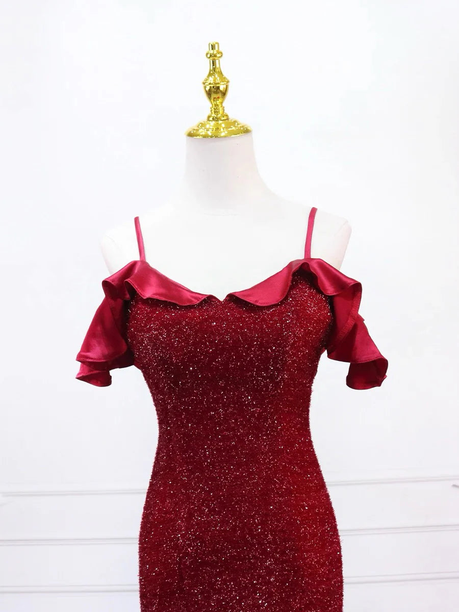 Glamorous Red Glitter Mermaid Cold Shoulder Ruffle Back Zip Floor-Length Prom Dress