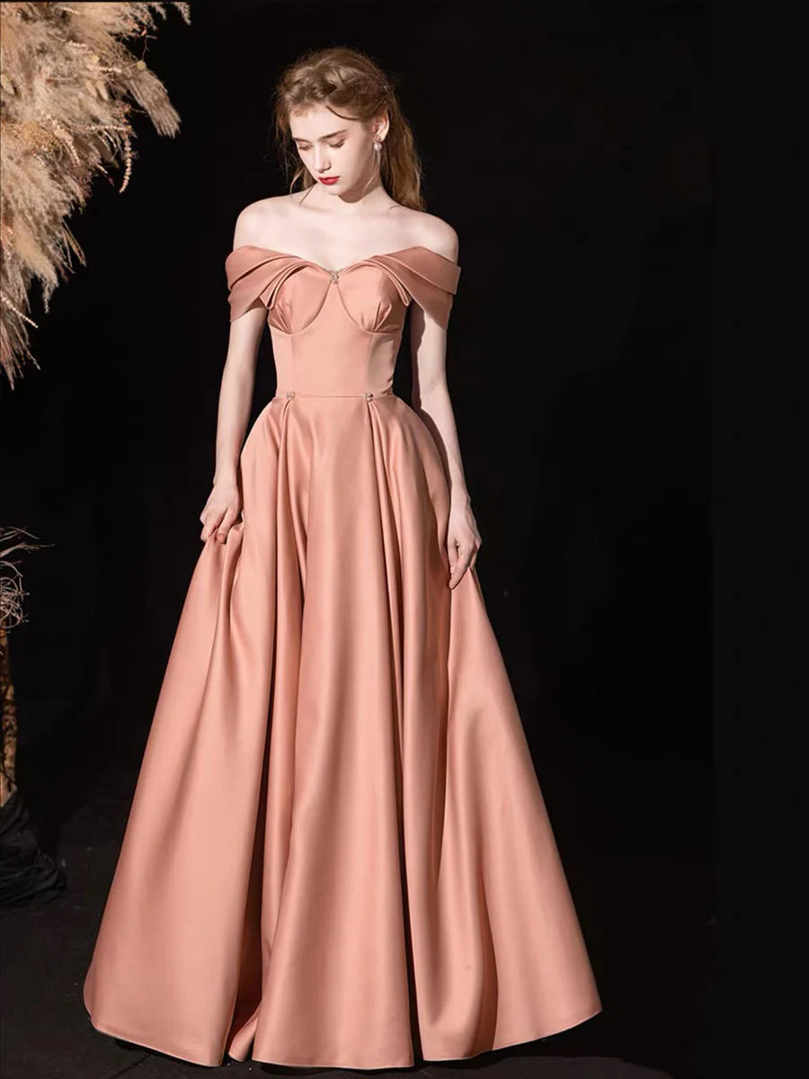 Glamorous Romantic Fitted A-Line Off-the-Shoulder Sleeveless Back Lace-Up Floor-Length Prom Dresses