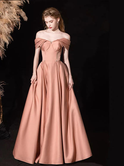 Glamorous Romantic Fitted A-Line Off-the-Shoulder Sleeveless Back Lace-Up Floor-Length Prom Dresses