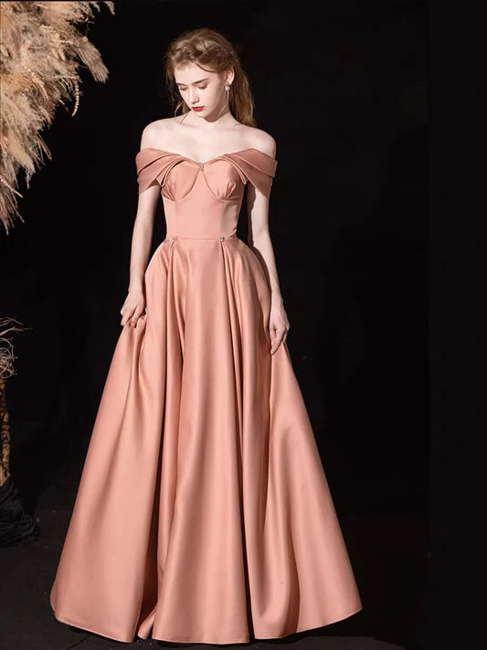 Glamorous Romantic Fitted A-Line Off-the-Shoulder Sleeveless Back Lace-Up Floor-Length Prom Dresses