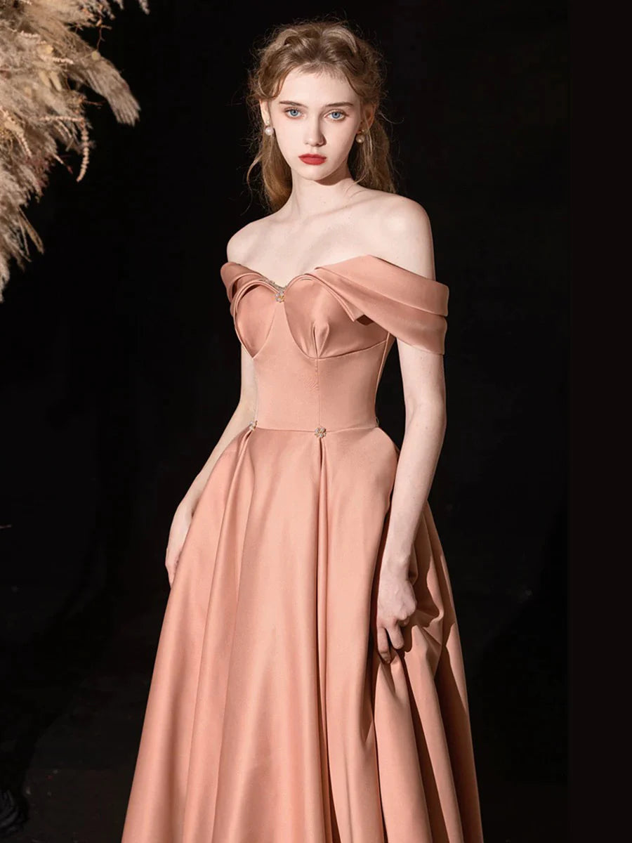 Glamorous Romantic Fitted A-Line Off-the-Shoulder Sleeveless Back Lace-Up Floor-Length Prom Dresses