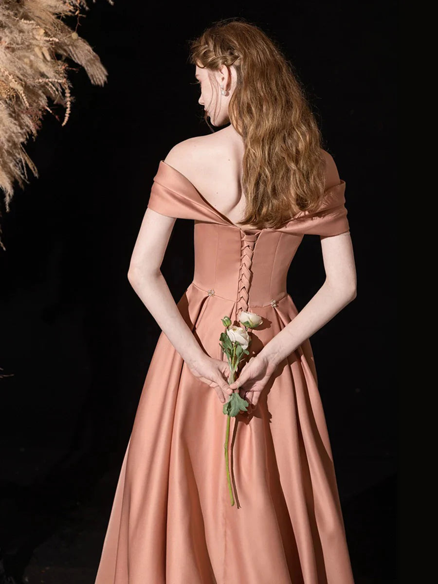 Glamorous Romantic Fitted A-Line Off-the-Shoulder Sleeveless Back Lace-Up Floor-Length Prom Dresses