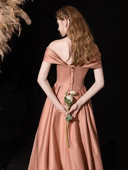 Glamorous Romantic Fitted A-Line Off-the-Shoulder Sleeveless Back Lace-Up Floor-Length Prom Dresses