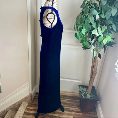 Glamorous Royal Blue Velvet Evening Dress with Cutout Back and Beaded Floral Appliqués