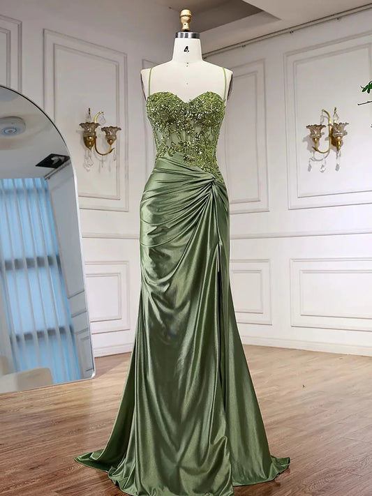 Glamorous Sage Green Satin Mermaid Sweetheart Neck Spaghetti Strap Lace-Up Back Prom Dresses