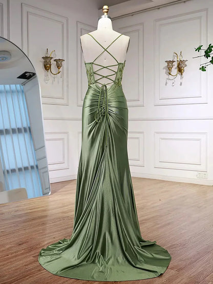 Glamorous Sage Green Satin Mermaid Sweetheart Neck Spaghetti Strap Lace-Up Back Prom Dresses
