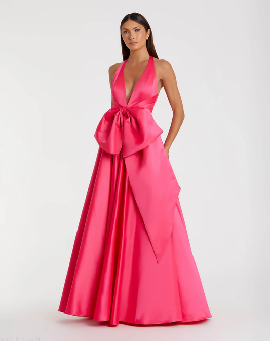 Glamorous Satin A-Line Halter Deep V-Neck Sleeveless Open Back Oversized Bow Floor-Length Evening Dress for Formal Events