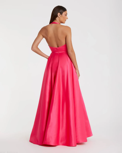 Glamorous Satin A-Line Halter Deep V-Neck Sleeveless Open Back Oversized Bow Floor-Length Evening Dress for Formal Events