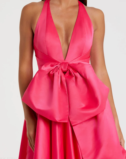 Glamorous Satin A-Line Halter Deep V-Neck Sleeveless Open Back Oversized Bow Floor-Length Evening Dress for Formal Events