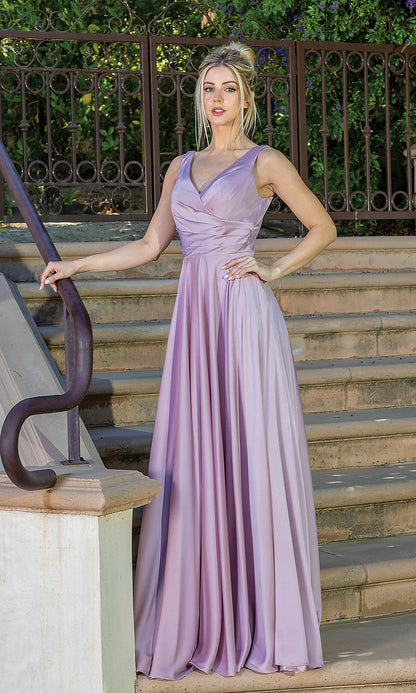 Glamorous Satin A-Line V-Neck Sleeveless Lace-Up Back Floor-Length Evening Dress