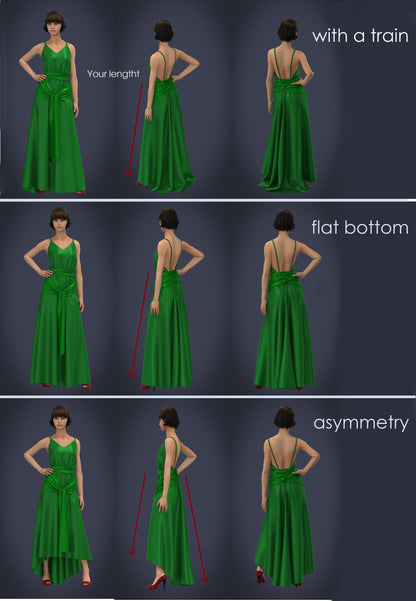 Glamorous Satin A-Line V Neck Spaghetti Strap Open Back Tie Waist Evening Dress