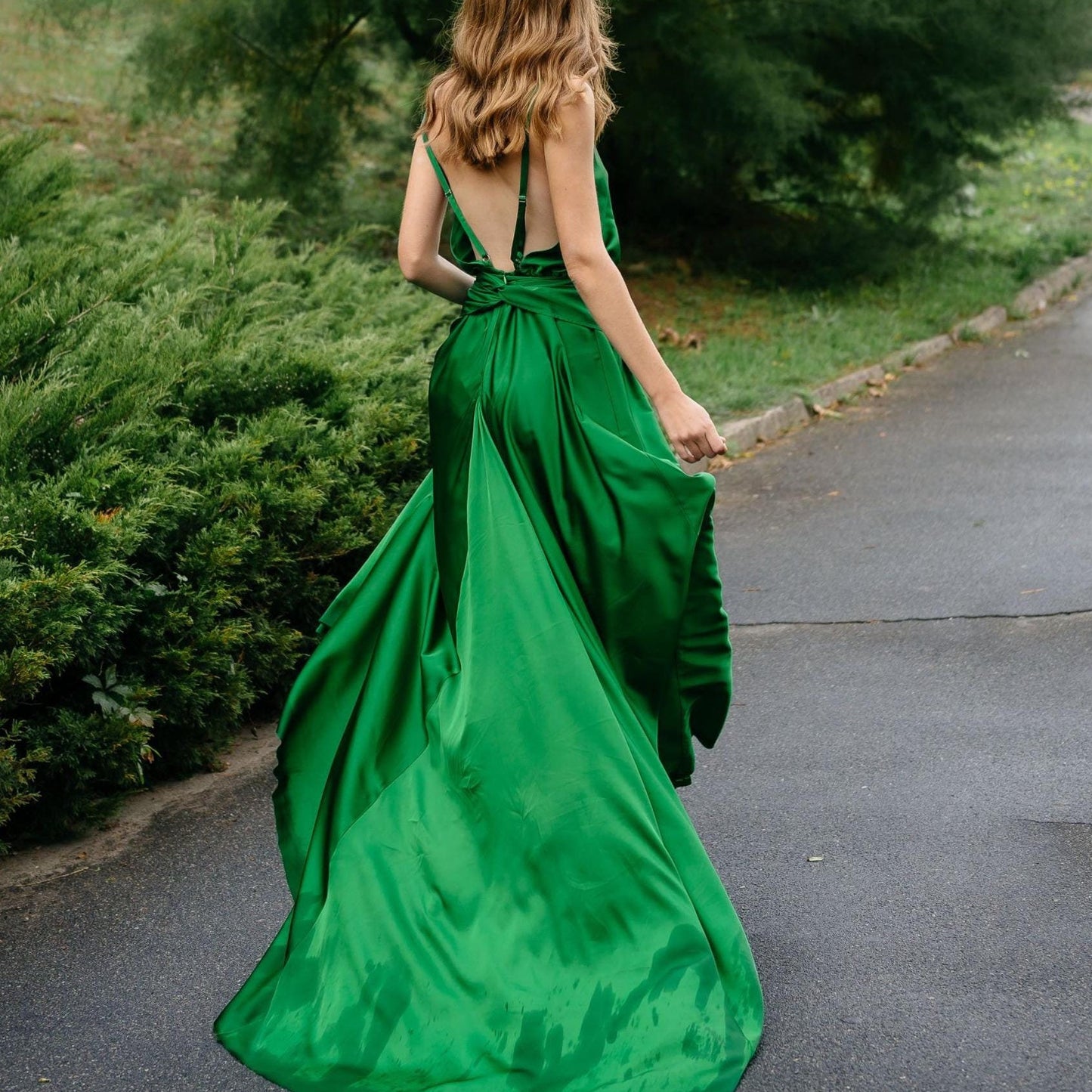 Glamorous Satin A-Line V Neck Spaghetti Strap Open Back Tie Waist Evening Dress
