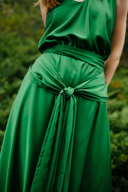Glamorous Satin A-Line V Neck Spaghetti Strap Open Back Tie Waist Evening Dress
