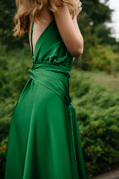 Glamorous Satin A-Line V Neck Spaghetti Strap Open Back Tie Waist Evening Dress