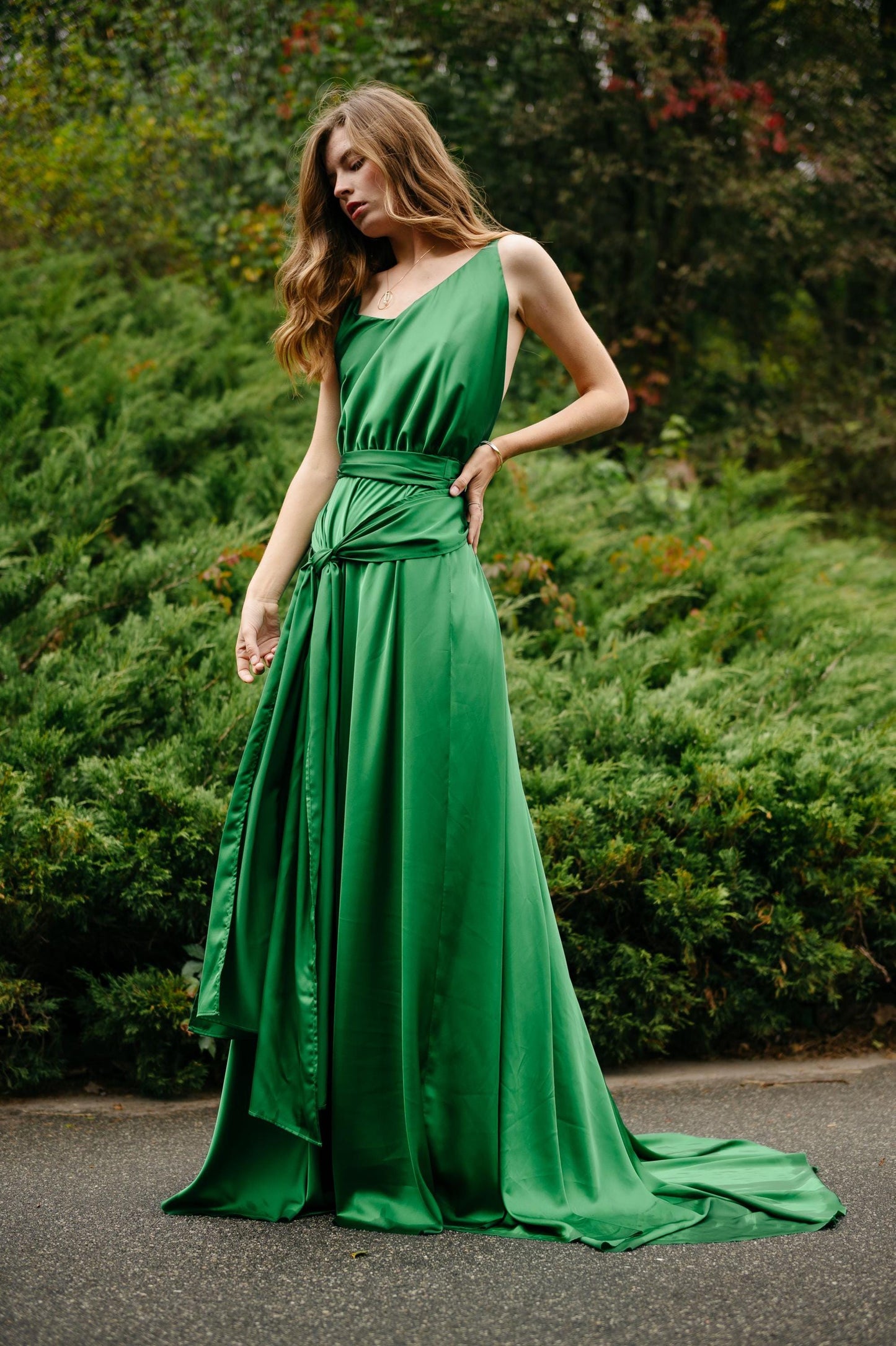 Glamorous Satin A-Line V Neck Spaghetti Strap Open Back Tie Waist Evening Dress