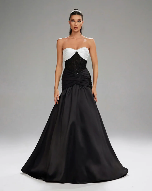 Glamorous Satin Ball Gown Strapless Color Block Beaded Bodice Ruched Waist Train Evening Dress for Formal Events