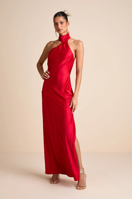 Glamorous Satin Evening Dresses with Halter Neckline, Cowl Back Detail and High Slit Formal Gown