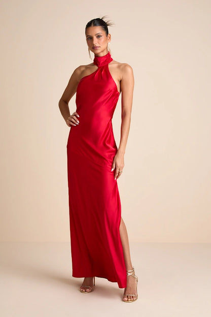 Glamorous Satin Evening Dresses with Halter Neckline, Cowl Back Detail and High Slit Formal Gown