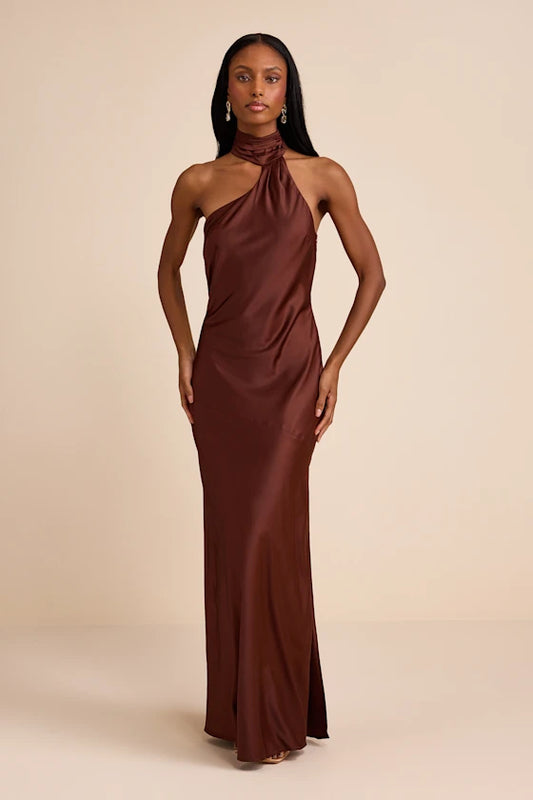 Glamorous Satin Evening Dresses with Halter Neckline, Cowl Back Detail and High Slit Formal Gown