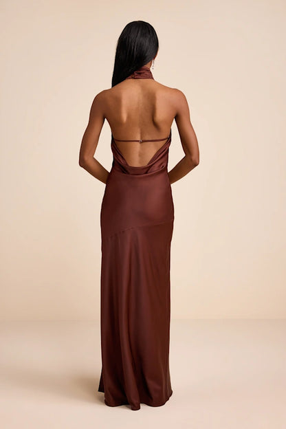 Glamorous Satin Evening Dresses with Halter Neckline, Cowl Back Detail and High Slit Formal Gown