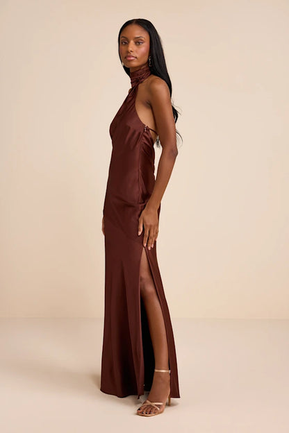 Glamorous Satin Evening Dresses with Halter Neckline, Cowl Back Detail and High Slit Formal Gown