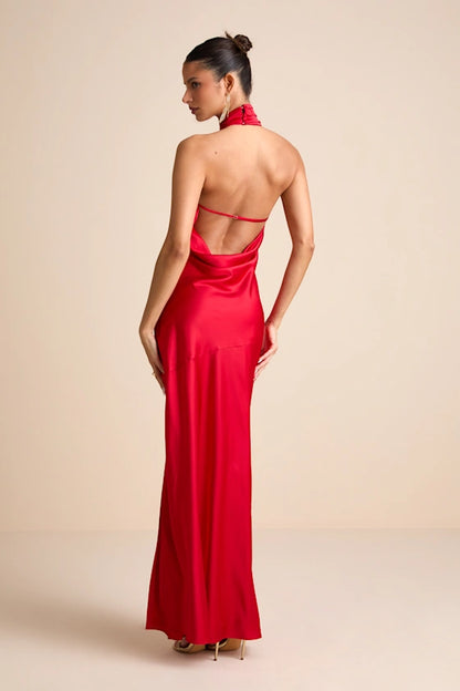 Glamorous Satin Evening Dresses with Halter Neckline, Cowl Back Detail and High Slit Formal Gown