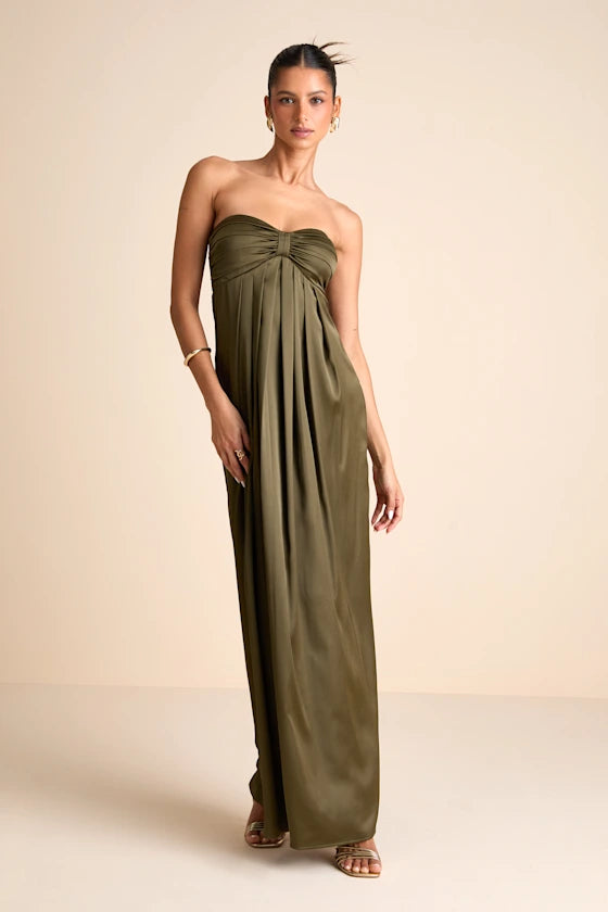 Glamorous Satin Evening Dresses with Strapless Neckline, Ruched Bodice and Flowing Skirt Formal Gown