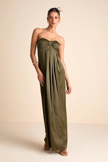 Glamorous Satin Evening Dresses with Strapless Neckline, Ruched Bodice and Flowing Skirt Formal Gown