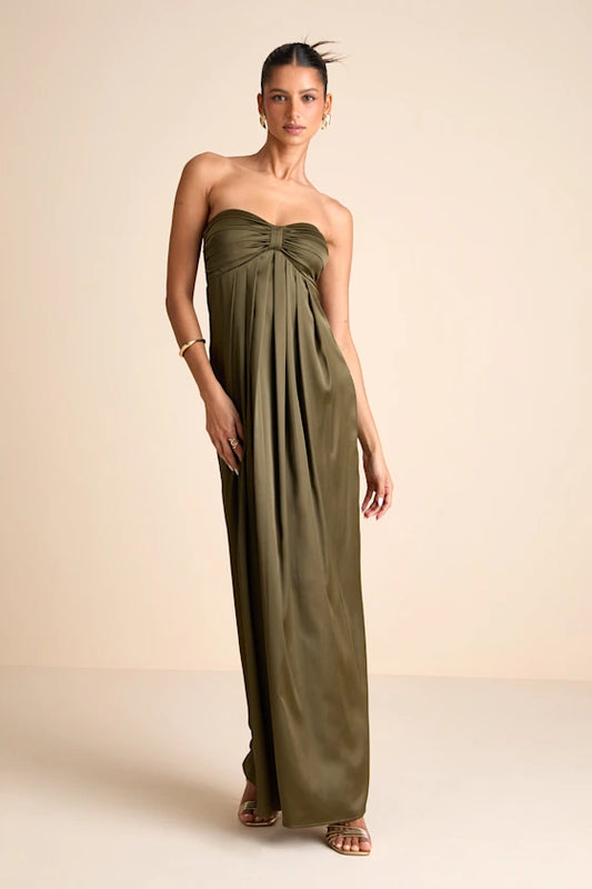 Glamorous Satin Evening Dresses with Strapless Neckline, Ruched Bodice and Flowing Skirt Formal Gown